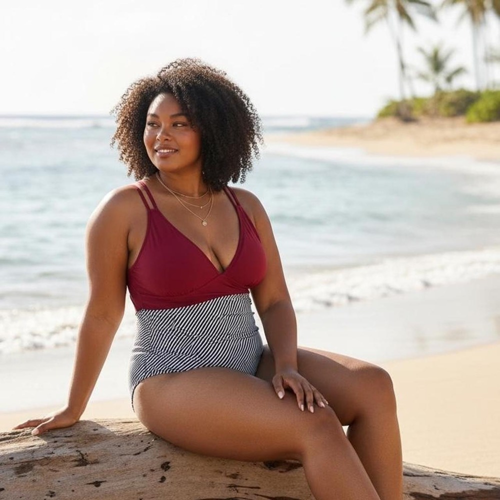 Bahamas Delight Women's 2XL Burgundy Colorblock High Waist One Piece Swimsuit